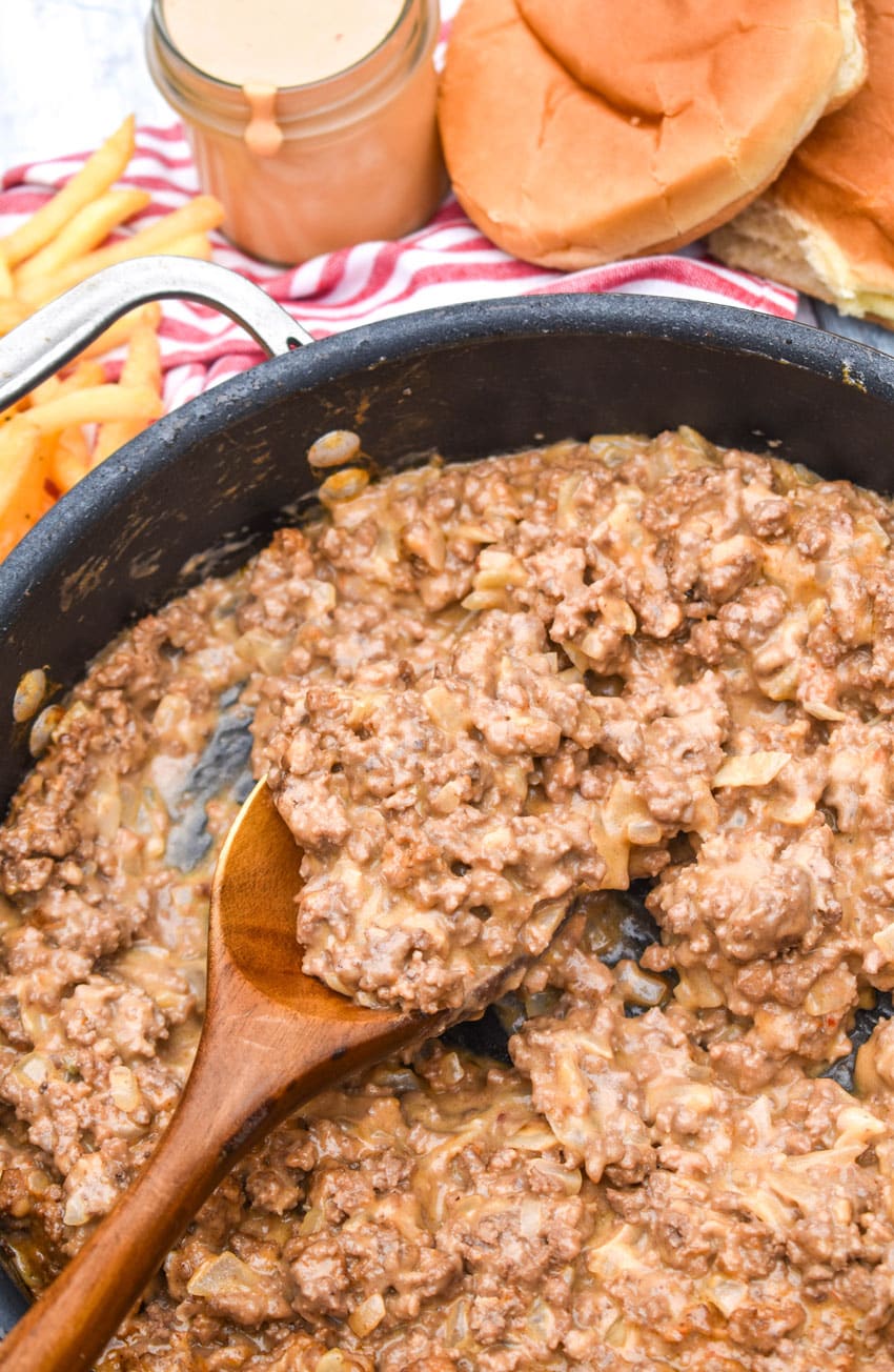 big mac sloppy joe meat in a large black skillet