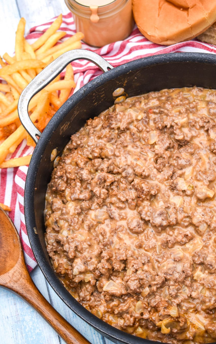 big mac sloppy joe meat in a large black skillet