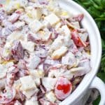 Italian grinder chicken salad in a white serving bowl