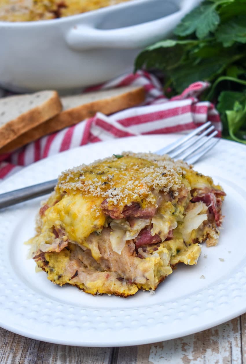 a slice of reuben casserole on a small white plate