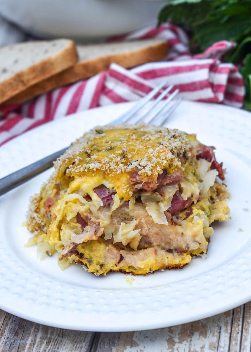 a slice of reuben casserole on a small white plate