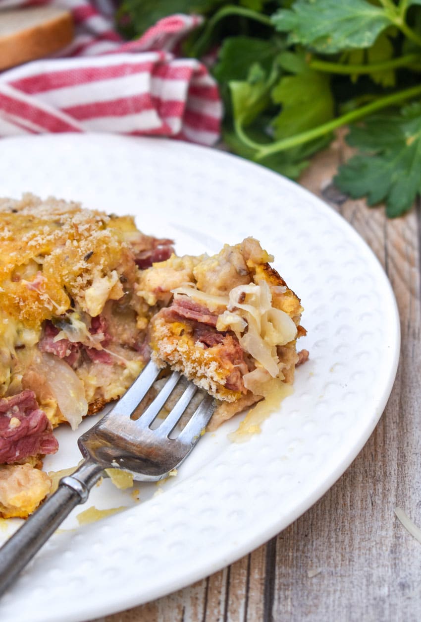 a slice of reuben casserole on a small white plate