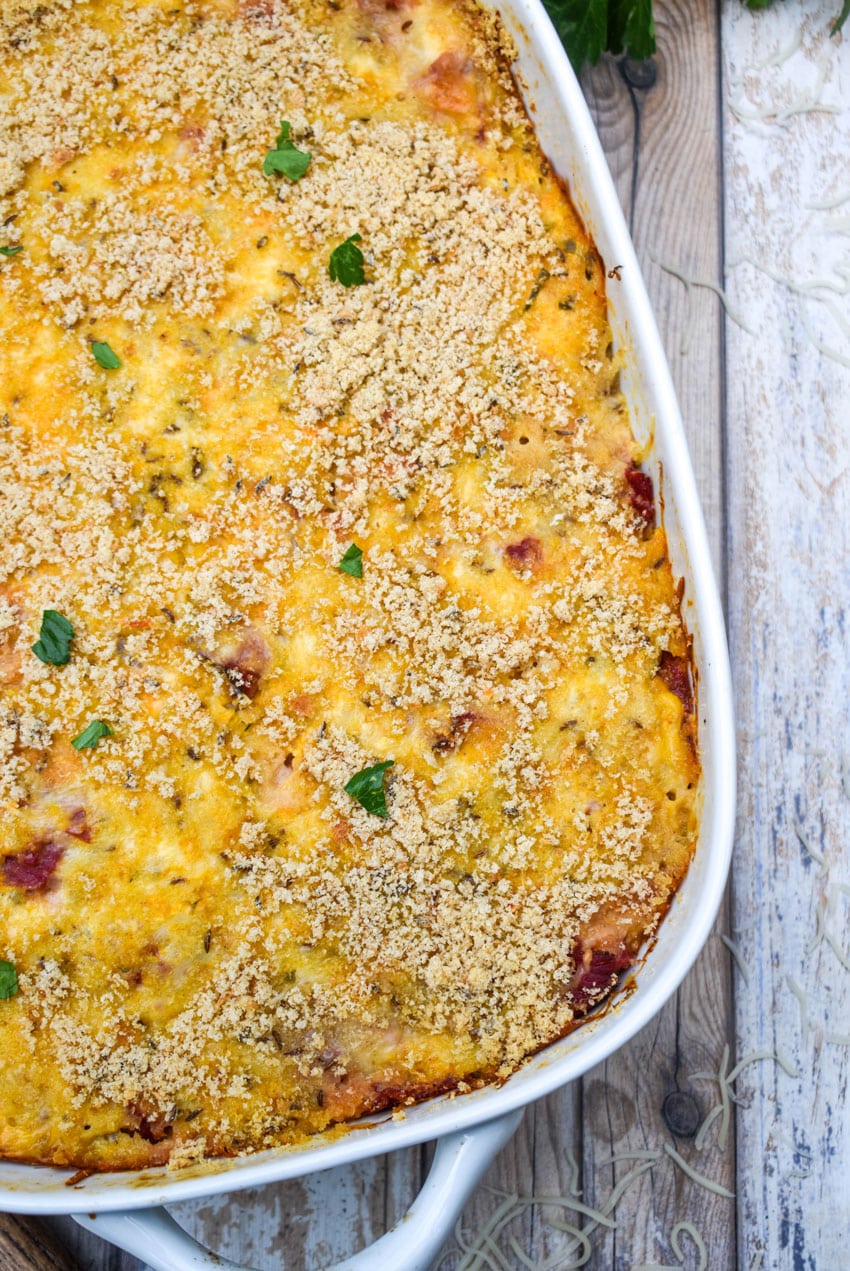 easy reuben casserole in a white baking dish
