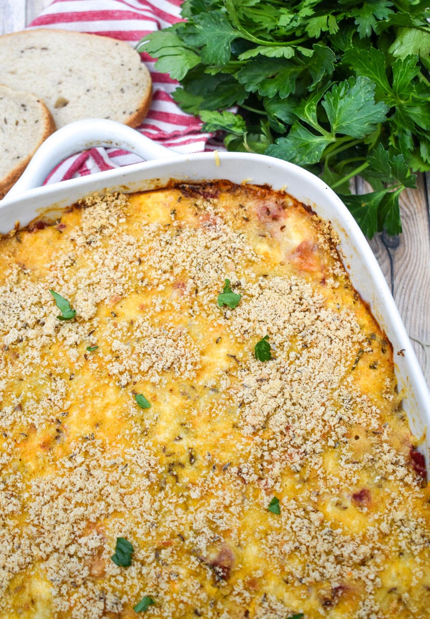 easy reuben casserole in a white baking dish