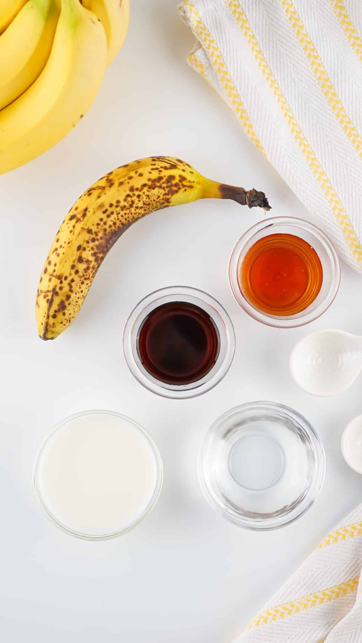 an overhead image showing the measured ingredients needed to make a batch of banana milk