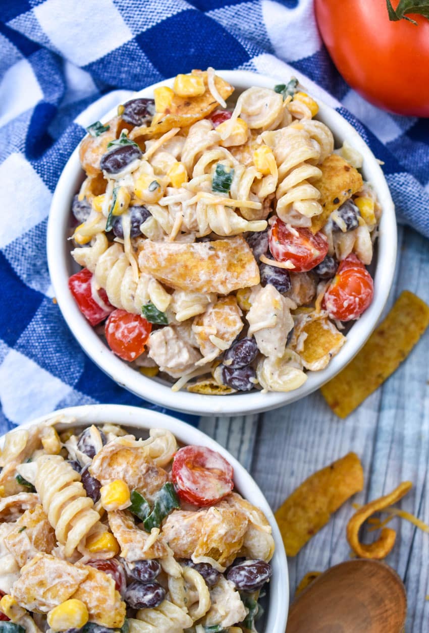 barbecue chicken pasta salad in two small white ramekins