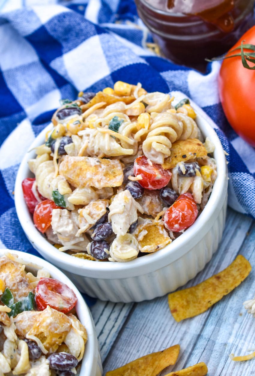 barbecue chicken pasta salad in two small white ramekins