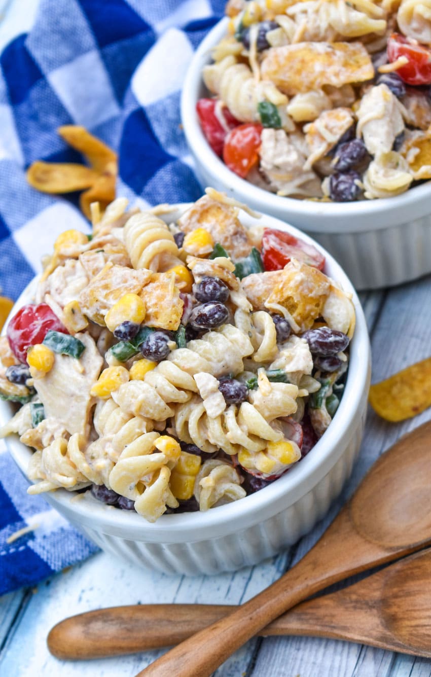 barbecue chicken pasta salad in two small white ramekins