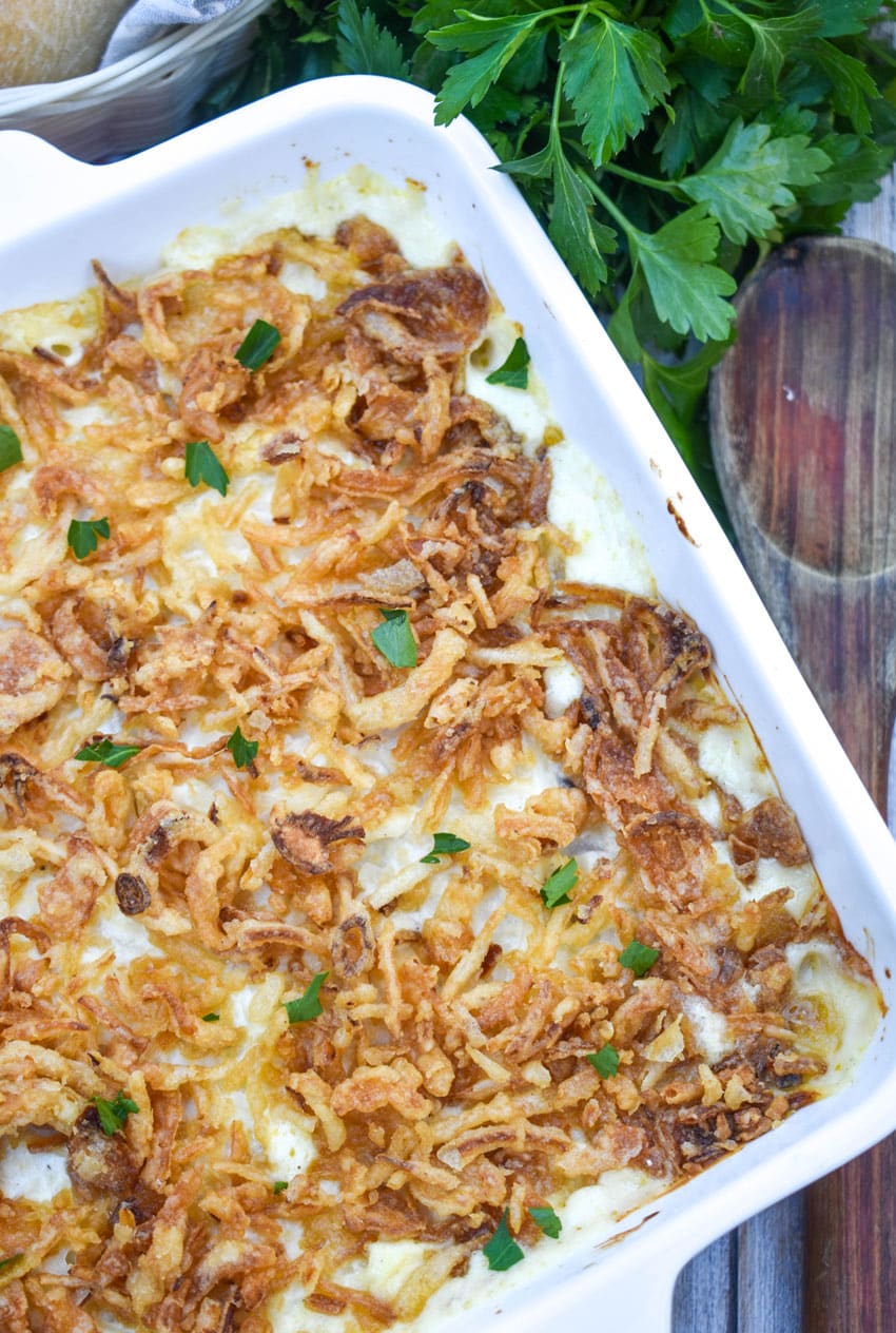 french onion chicken casserole in a white baking dish