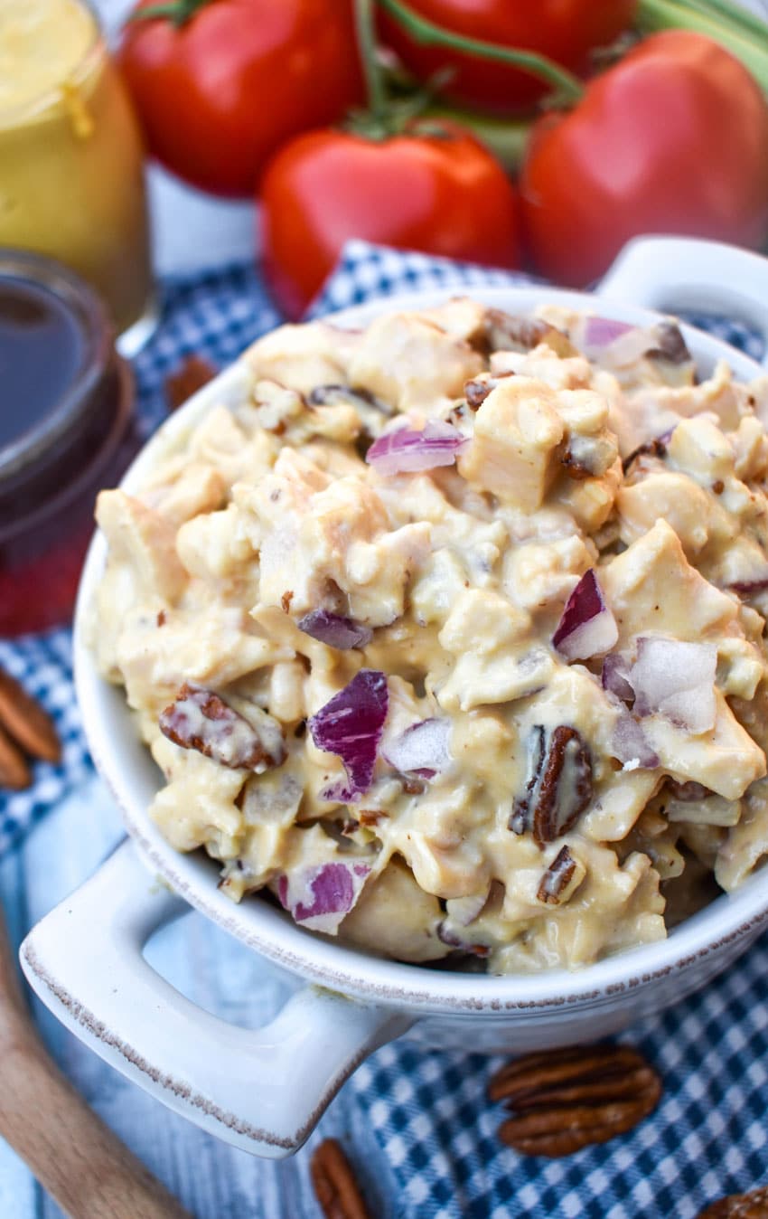 honey mustard chicken salad in a small white bowl