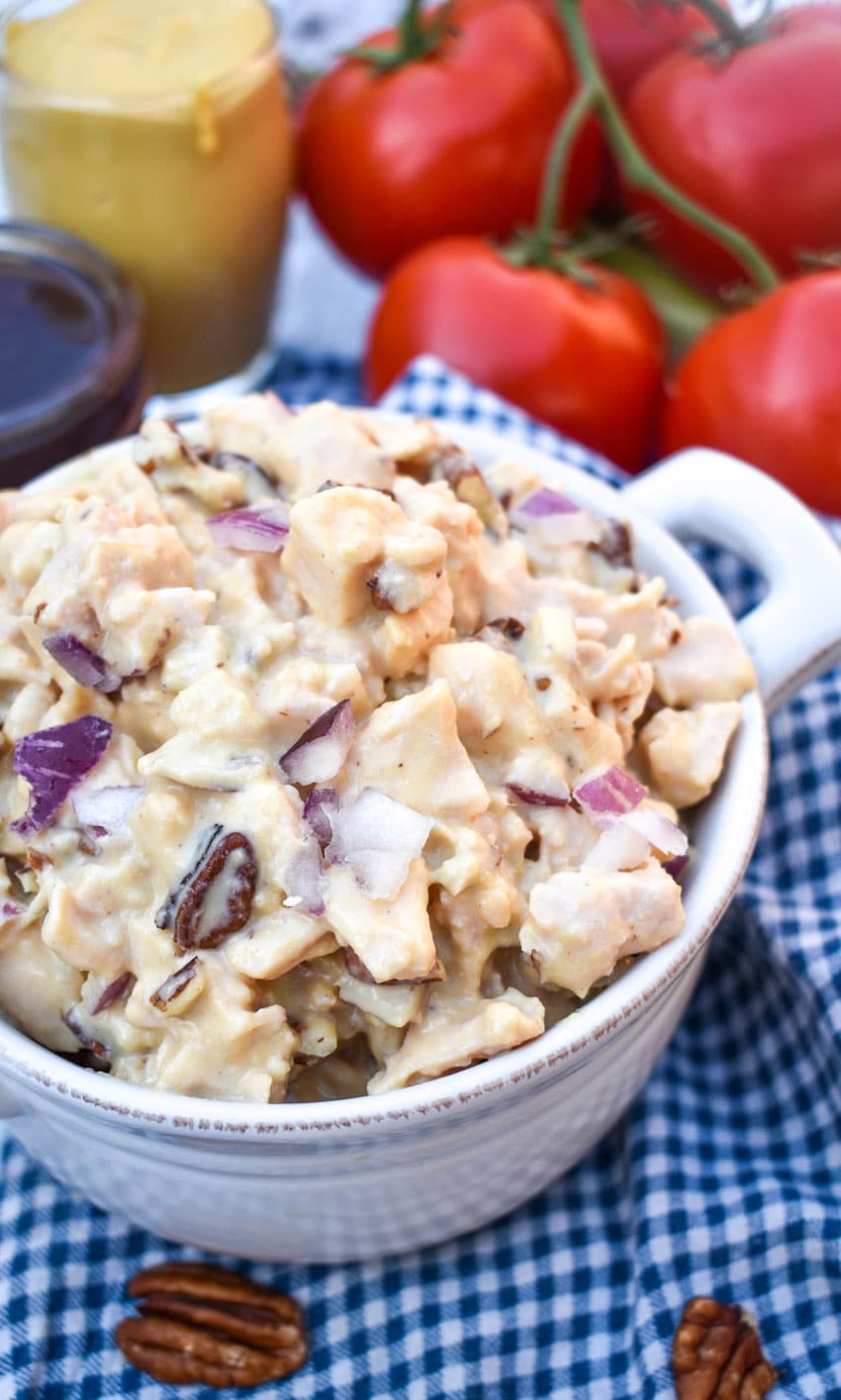 honey mustard chicken salad in a small white bowl