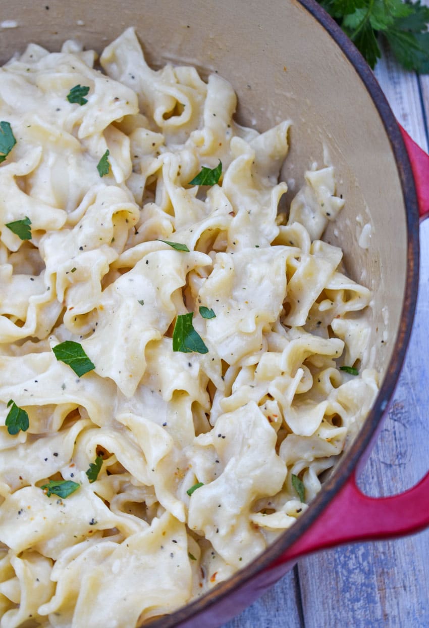 quick and easy creamy italian noodles in a large dutch oven pot