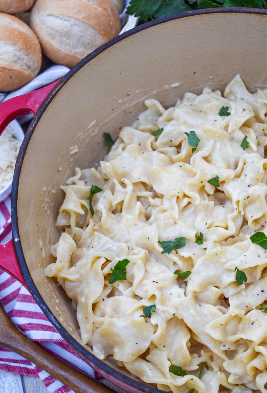 quick and easy creamy italian noodles in a large dutch oven pot