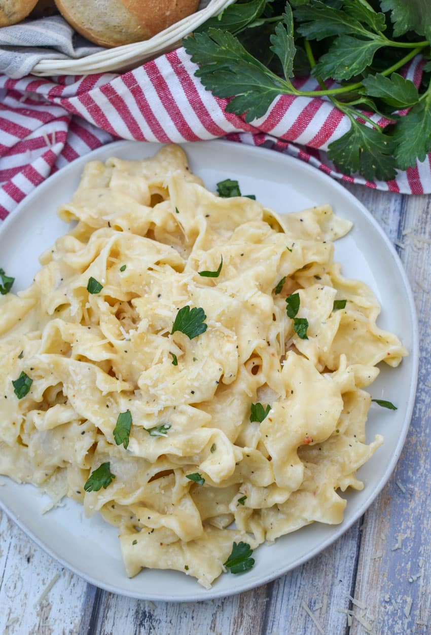 creamy italian noodles served on a small white plate