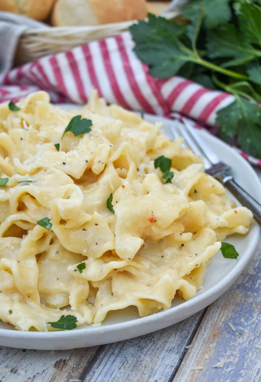 creamy italian noodles served on a small white plate