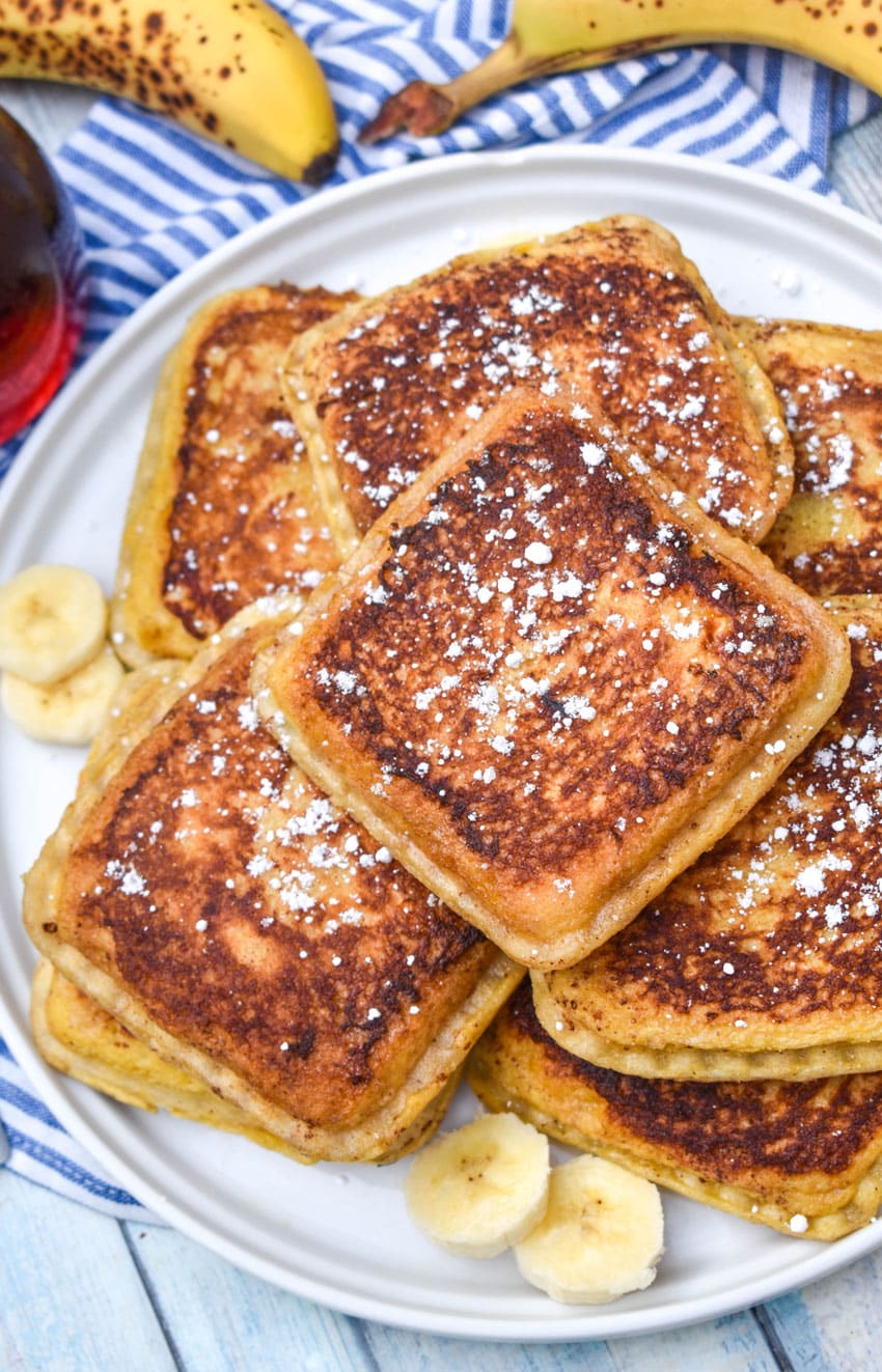 a pile of uncrushable french toast on a white plate