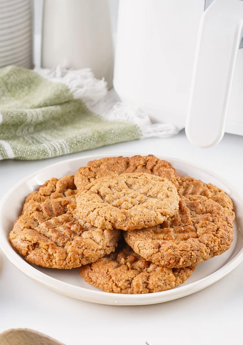 air fried almond butter cookies on a white plate