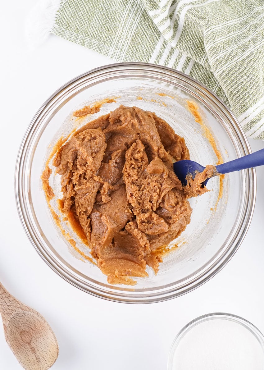 almond butter cookie butter in a glass mixing bowl