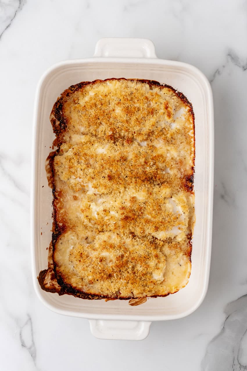 baked parmesan crusted chicken arranged in a row in a white baking dish
