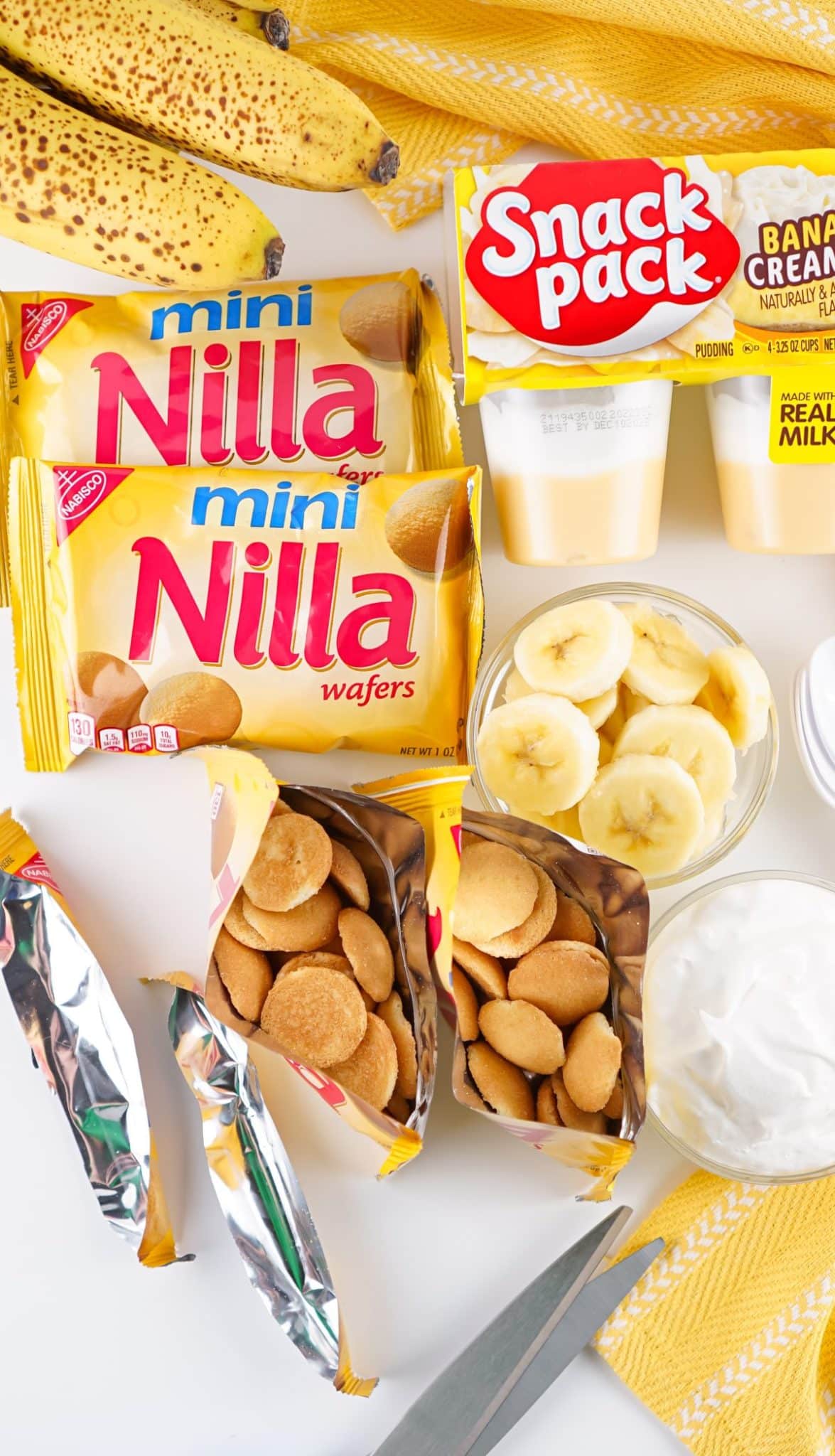 an overhead image showing the measured ingredients to make a batch of walking banana pudding desserts
