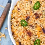 jalapeno popper mac and cheese in a large white serving bowl