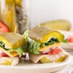 two halves of a picklewich sandwich on a white plate