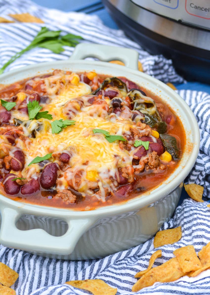 instant pot taco chili in a gray bowl