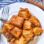 pumpkin bread pudding on a small white plate