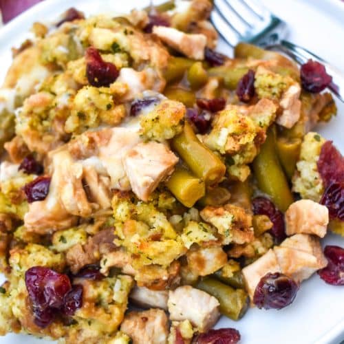 thanksgiving casserole on a white plate