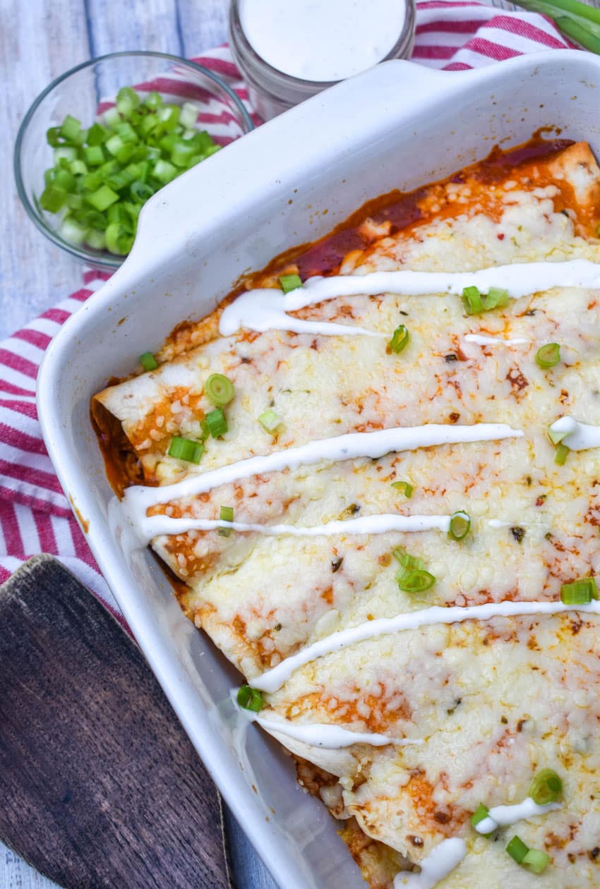 buffalo chicken enchiladas in a white baking dish