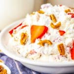 strawberry pretzel fluff salad in a white bowl