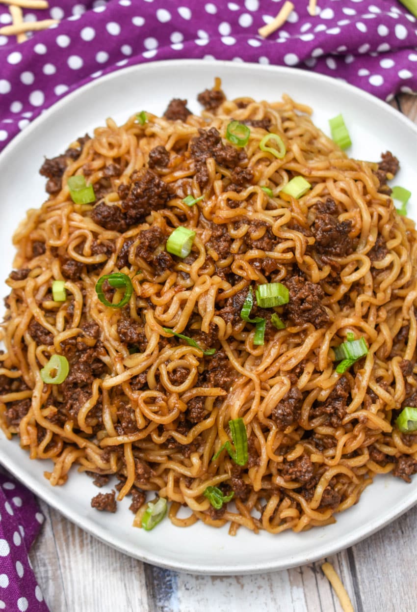korean beef ramen on a white plate