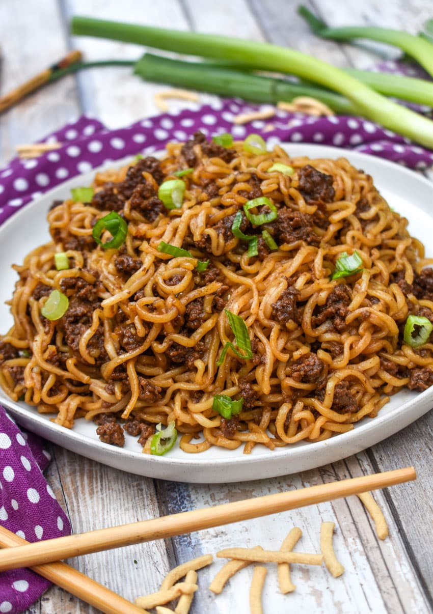 korean beef ramen on a white plate