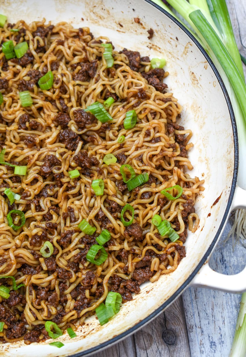 korean beef ramen in a large cast iron skillet
