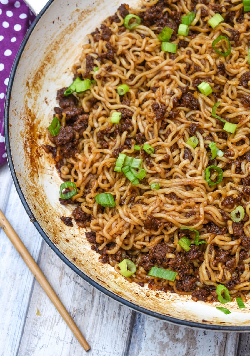 korean beef ramen in a large cast iron skillet