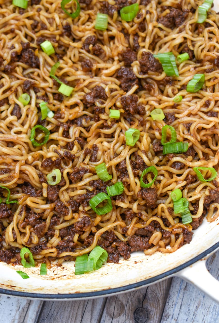 korean beef ramen in a large cast iron skillet
