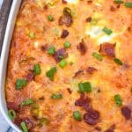 loaded hashbrown casserole in a white baking dish