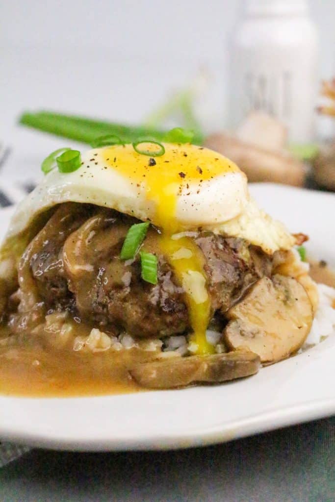 hawaiian loco moco on a white plate