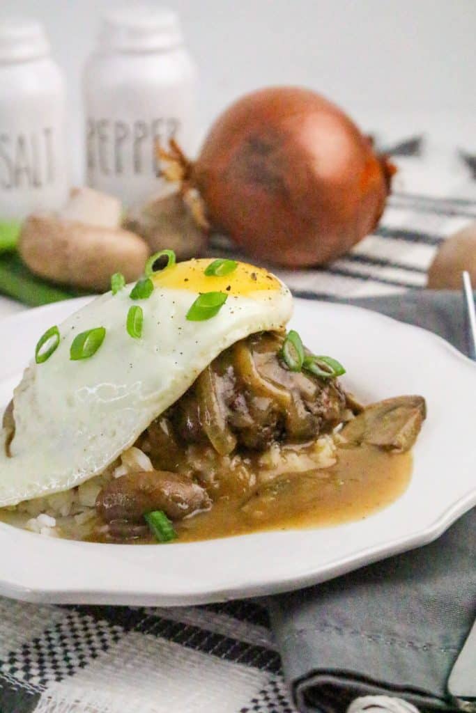 hawaiian loco moco on a white plate