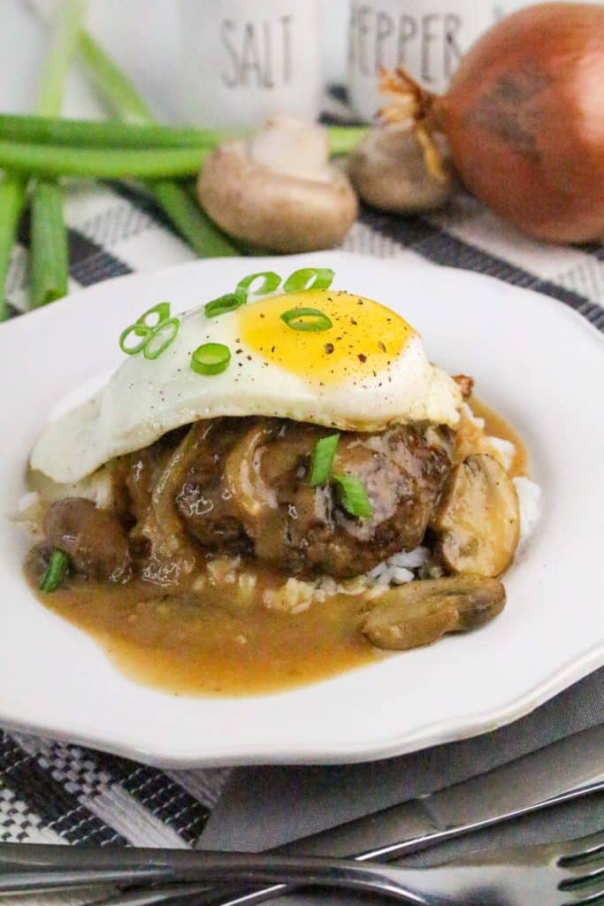 hawaiian loco moco on a white plate