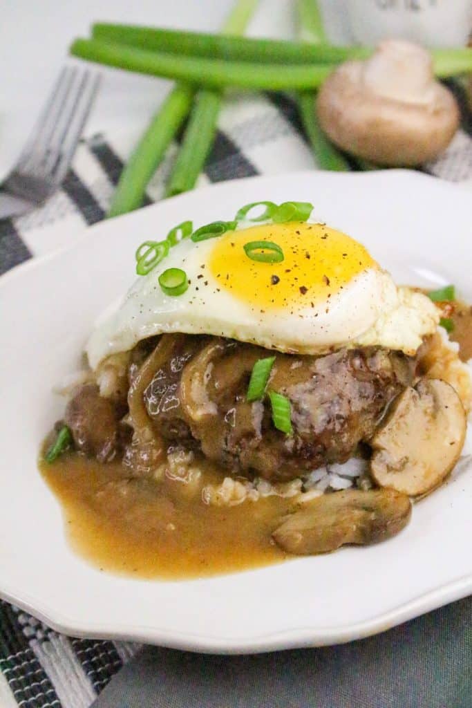 hawaiian loco moco on a white plate