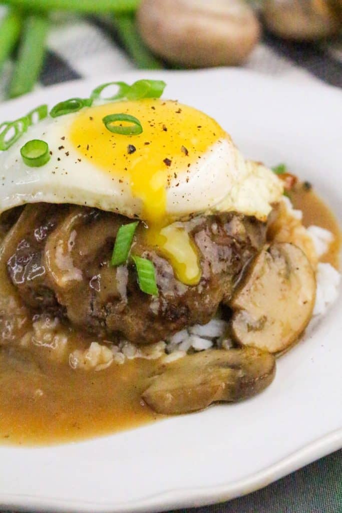 hawaiian loco moco on a white plate