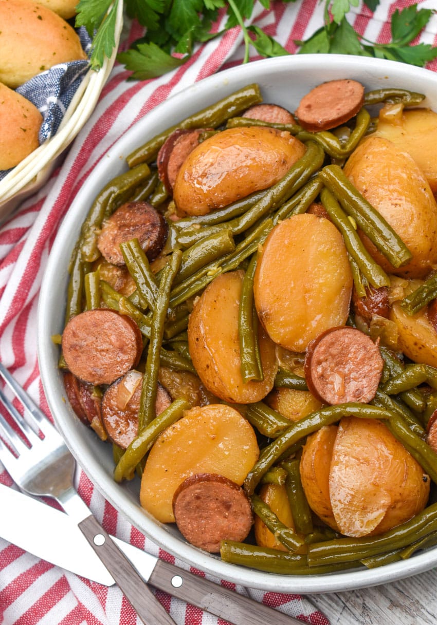 swamp potatoes in a shallow white serving bowl