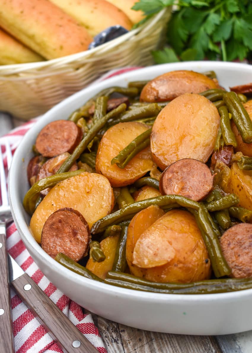 swamp potatoes in a shallow white serving bowl