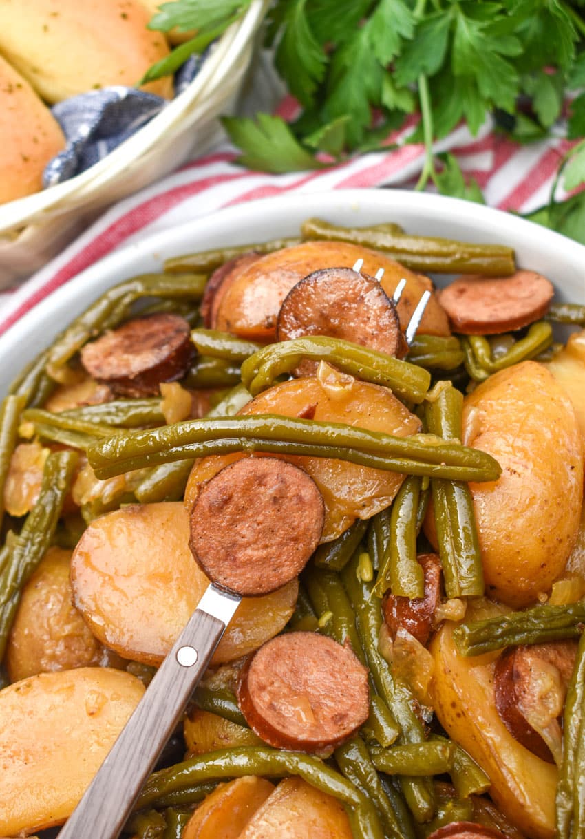 swamp potatoes in a shallow white serving bowl