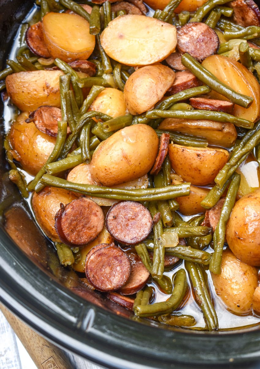 swamp potatoes in a black crockpot