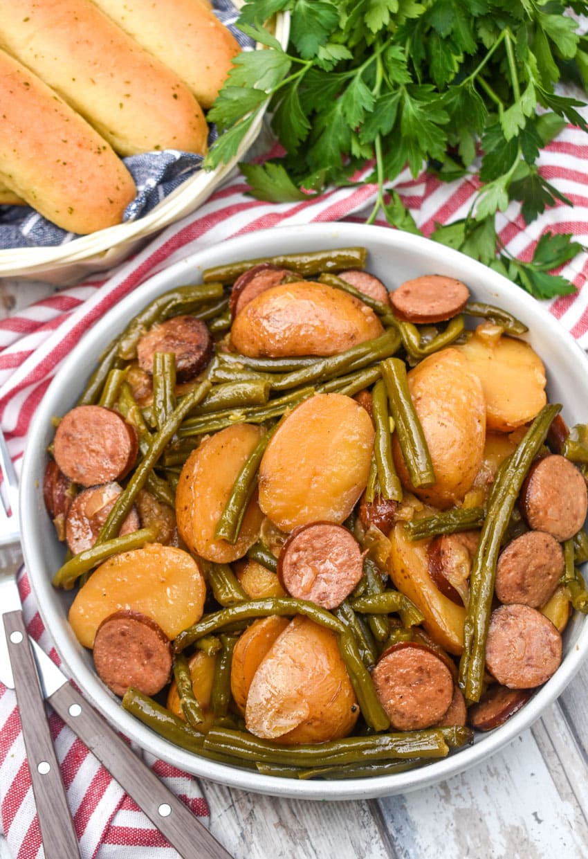 swamp potatoes in a shallow white serving bowl