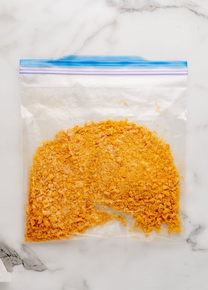 crushed cereal pieces in a large ziplocking bag