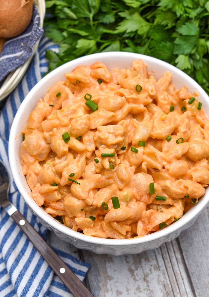 buffalo chicken mac and cheese in a white bowl