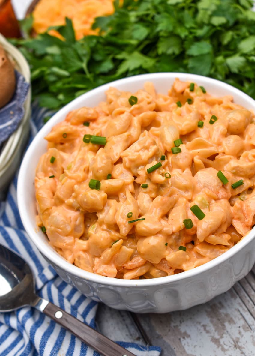 buffalo chicken mac and cheese in a white bowl